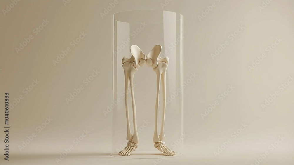 Poster human skeletal legs displayed in a clear exhibition case, illuminating anatomy and bone structure in