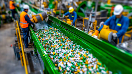 workers monitoring paper pulp recycling process, industrial equipment
