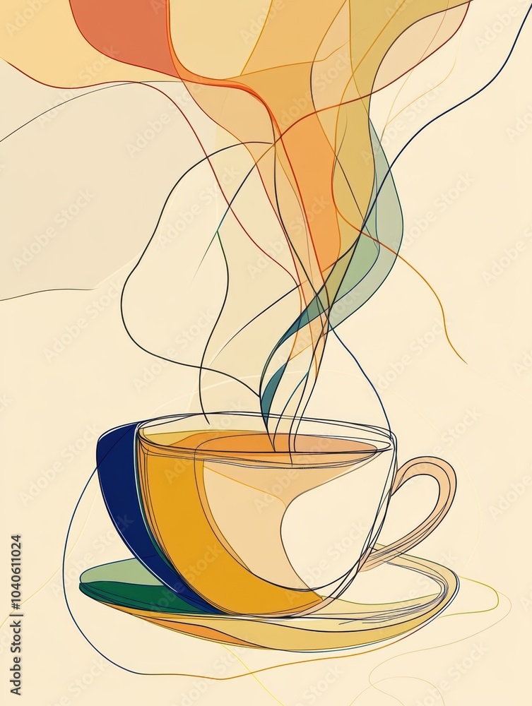 Poster a simple continuous line artwork features a tea cup with gentle steam whirling above, symbolizing wa