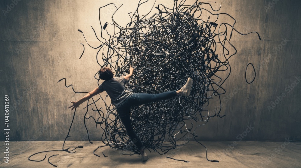 Poster a powerful image of a person breaking free from a cage made of tangled phone chargers, representing 