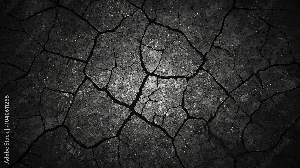 Poster cracked earth surface showing dry soil patterns under dim lighting in a desolate environment