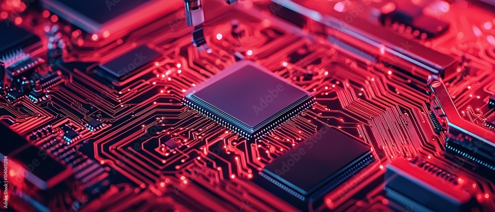 Poster close-up of a circuit board with red lighting, showcasing intricate details and components.