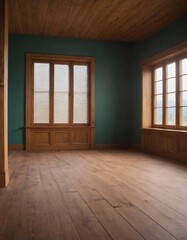 Obraz premium A large empty room with wooden parquet floors and a window letting in natural light