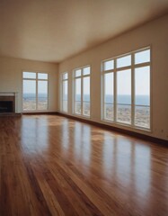 Obraz premium A large empty room with wooden parquet floors and a window letting in natural light