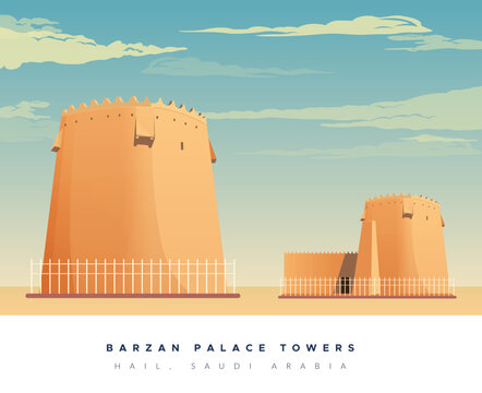 Historic Barzan Palace Tower in Hail - Saudi Arabia - Stock Illustration