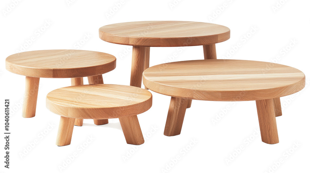 Poster set of wooden round tables isolated on a transparent background generative ai