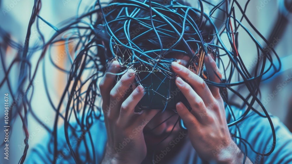 Poster A powerful image of a person breaking through a barrier of tangled web cables, symbolizing overcoming technological challenges and achieving clarity, Tech workshop