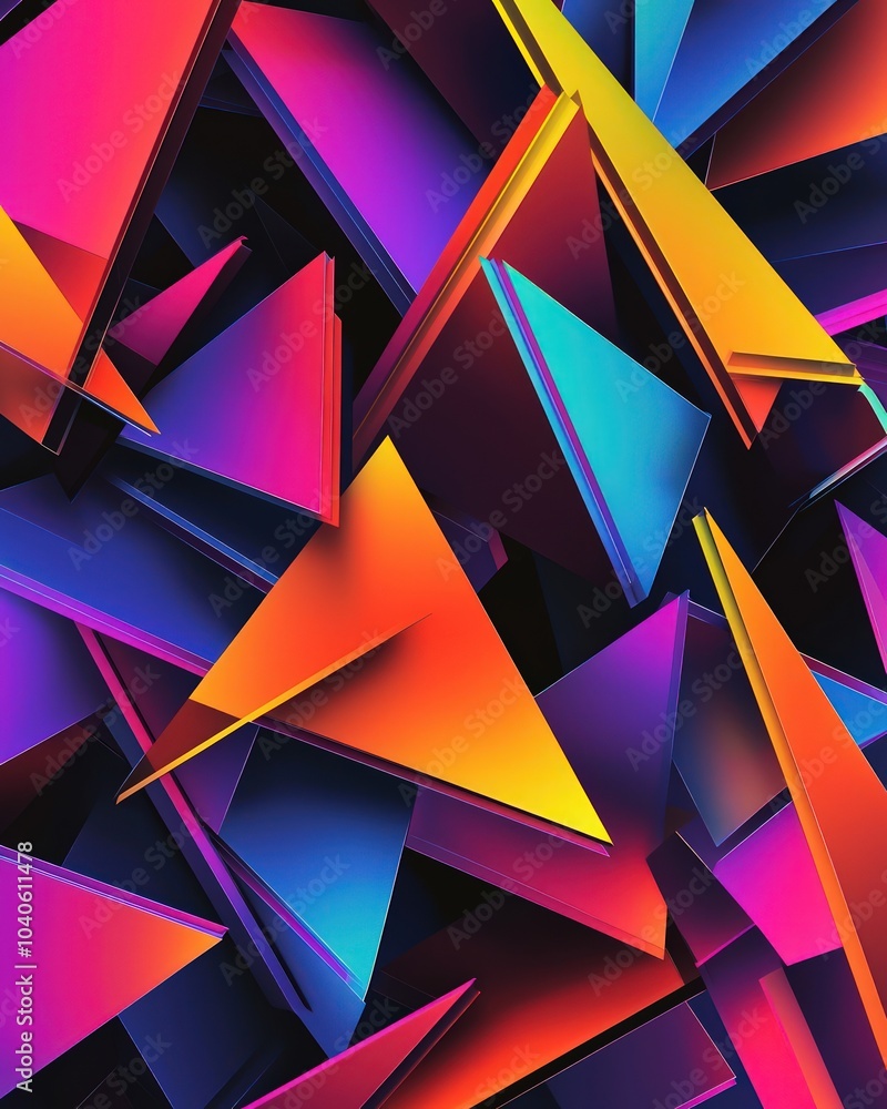 Sticker layered triangles in vibrant neon colors with smooth transitions and shadows
