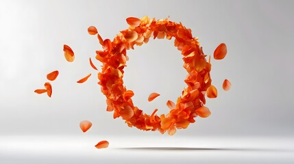 67. A letter O formed from floating petals, softly landing on a white background