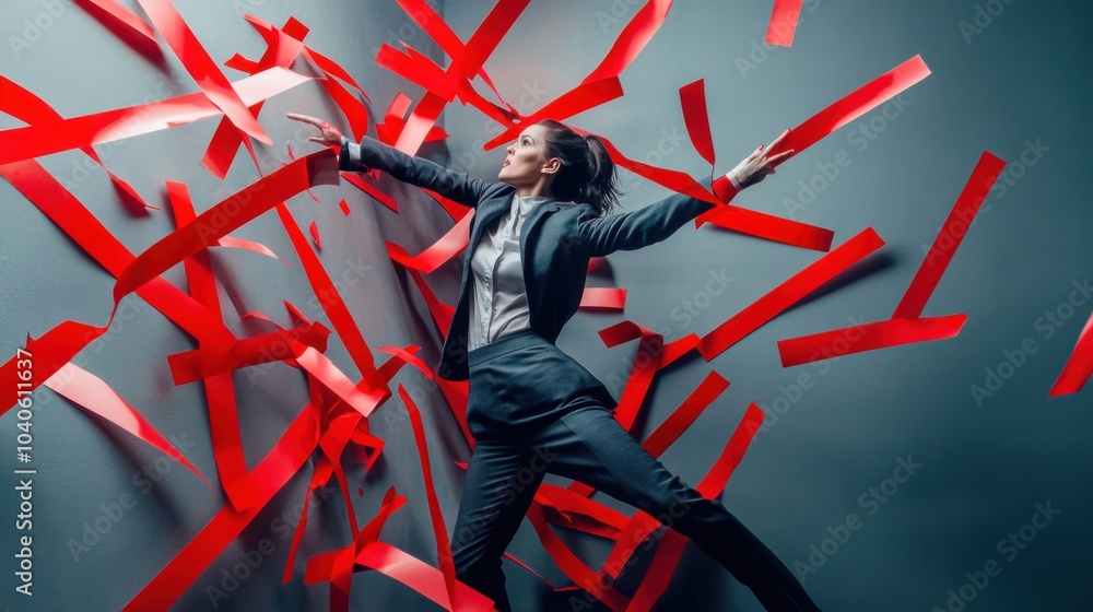Poster a powerful image of a person breaking through a wall of red tape, representing overcoming bureaucrat