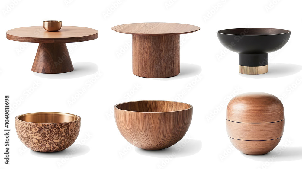Poster wooden round tables and bowls set on clear background generative ai