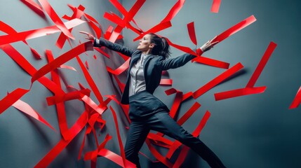 A powerful image of a person breaking through a wall of red tape, representing overcoming bureaucratic obstacles, Office interior