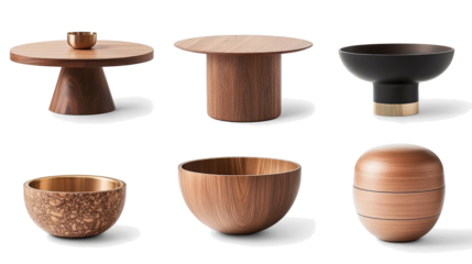 Wooden Round Tables and Bowls Set on Clear Background Generative AI