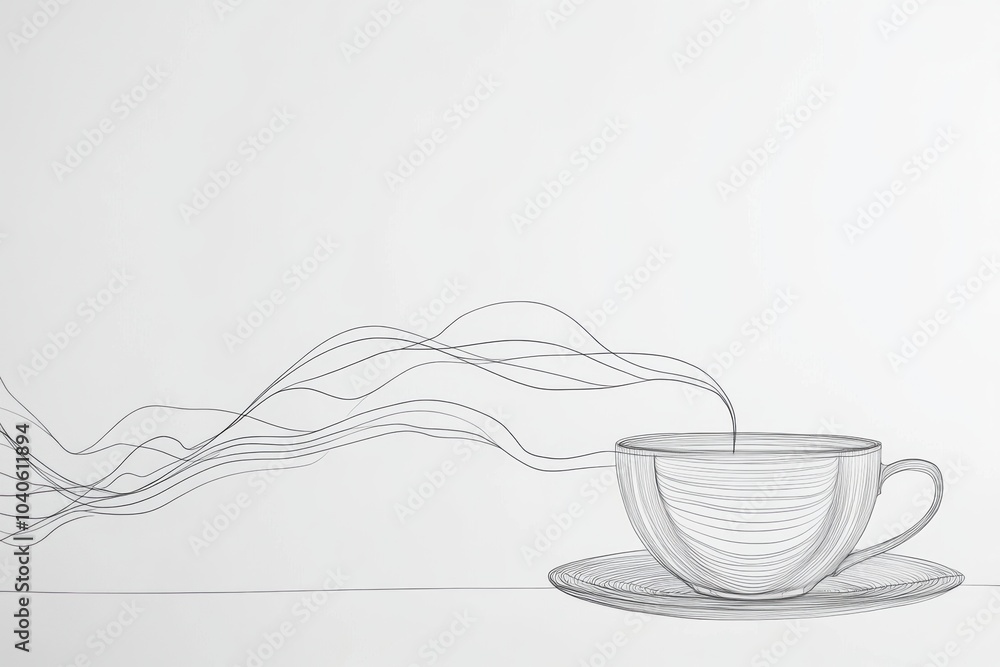 Poster a graceful line drawing depicts a tea cup on a plate with delicate steam lines curling up, conveying