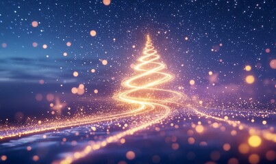 A Christmas tree made entirely of glowing abstract light trails, set against a frosty night sky filled with twinkling stars and softly falling snowflakes