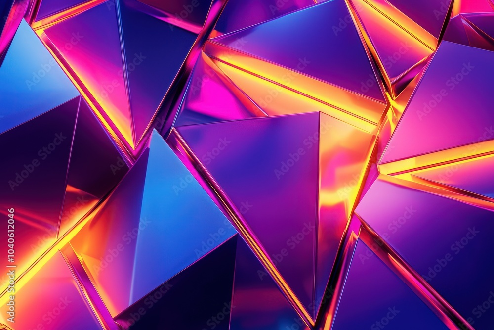 Wall mural layered triangular shapes with sharp edges and glowing neon accents