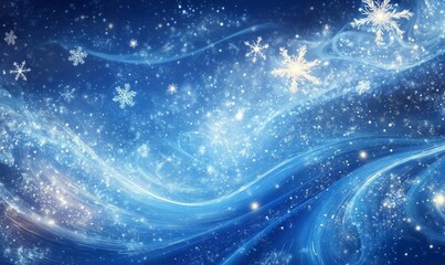 A dynamic composition of swirling light patterns, sparkling snowflakes, and glowing stars, blending into a deep blue, snowy winter background