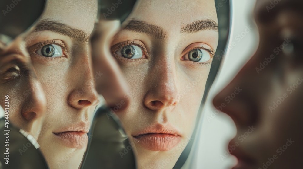 Poster a powerful image of a person looking into a mirror that reflects various personas, symbolizing the m