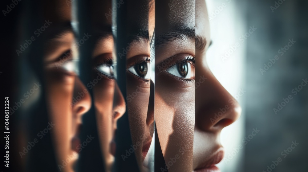 Poster a powerful image of a person looking into a mirror that reflects various personas, symbolizing the m