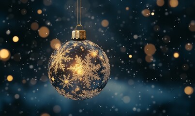 A glowing Christmas ornament made of intricate snowflakes and golden lights, suspended in the air against a dark, snowy winter night