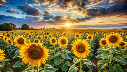 Fototapeta premium field of yellow sunflowers. Flowering meadow on summer landscape
