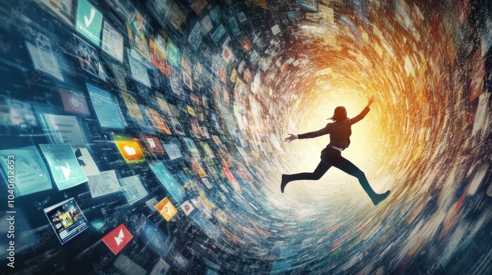 Aufkleber A powerful image of a person pushing through a wall of swirling social media feeds and notifications, symbolizing the effort to overcome digital clutter and focus on meaningful tasks, Tech environment