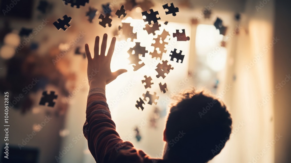 Poster a powerful image of a person reaching out to catch falling puzzle pieces, symbolizing the search for