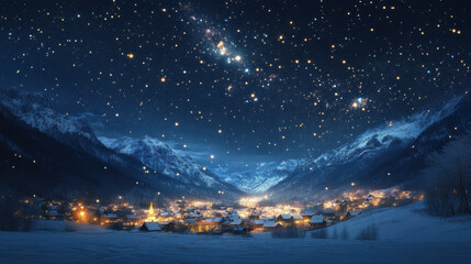 A starry night over a peaceful mountain village nestled in the valley below