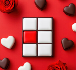 Colorful dessert layout featuring chocolates and roses on a vibrant red background.
