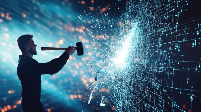 A powerful image of a person shattering a wall of digital barriers with a hammer, representing breaking through technological limitations and achieving progress, Tech backdrop