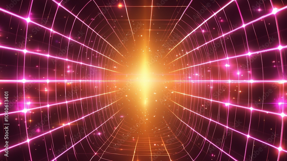 Poster bright cosmic tunnel with dynamic light patterns and glowing grid design, representing the journey t