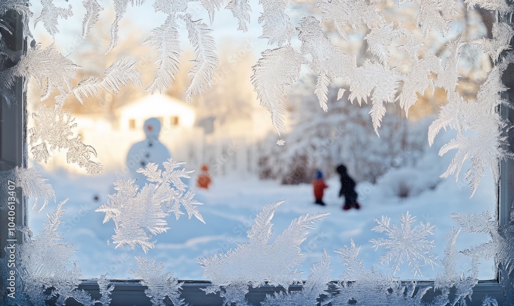 Poster frost-covered window with delicate ice patterns, with a view of a snowman and children playing in th