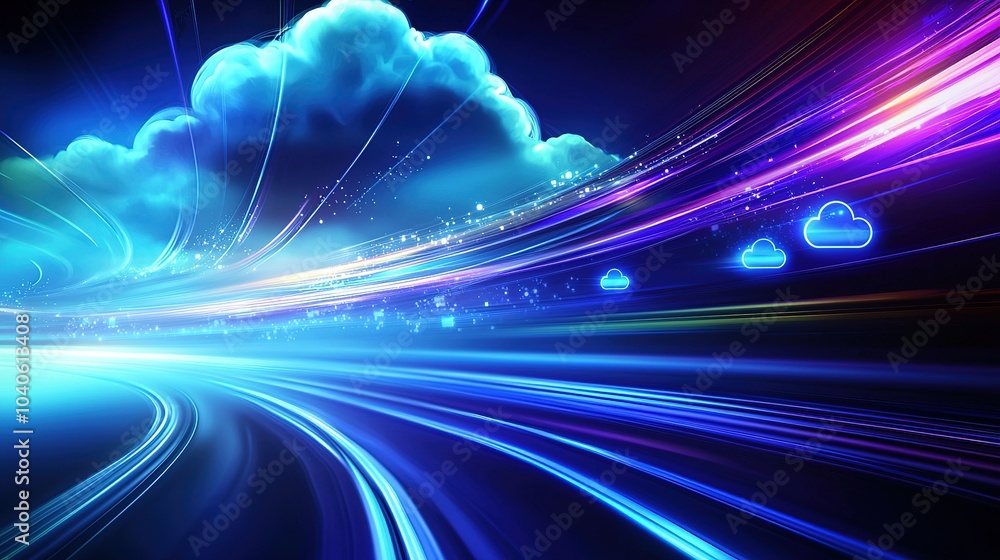 Poster vibrant digital landscape with flowing light trails and clouds representing data movement in the clo