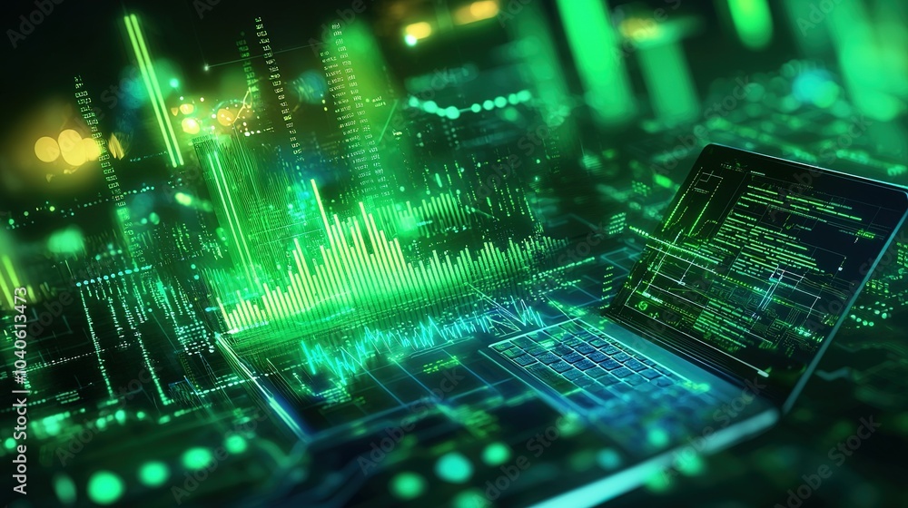 Poster dynamic data visualization on a digital laptop screen in a high-tech environment showcasing vibrant 