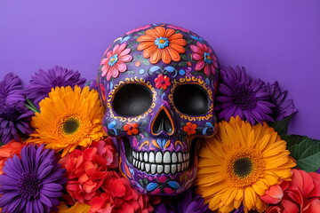 Mexican sugar skull decorated with colorful flowers on purple background. Traditional symbol of day of dead festival. Concept of cultural celebration and remembrance. Festive banner with copy space