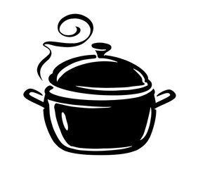 Pot with food being cooked. Cooking concept. Kitchen saucepan and steam symbol