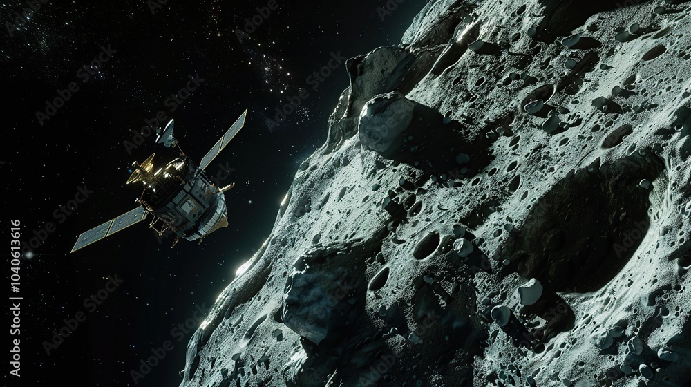 Poster a detailed view of a spacecraft approaching a distant asteroid, preparing to collect samples from it