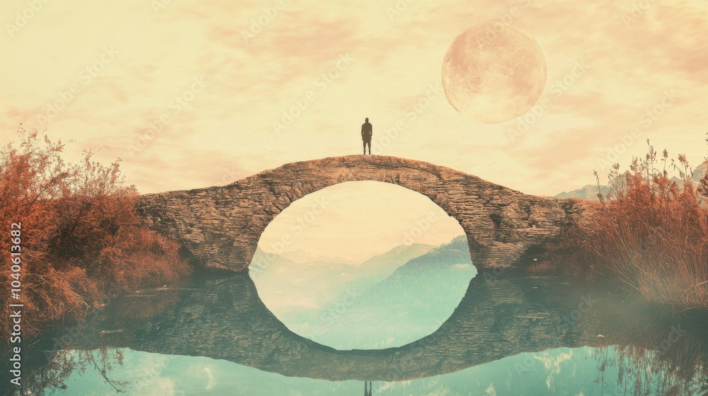 Poster A powerful image of a person standing on a bridge that spans across different time periods, symbolizing the connection and continuity between past, present