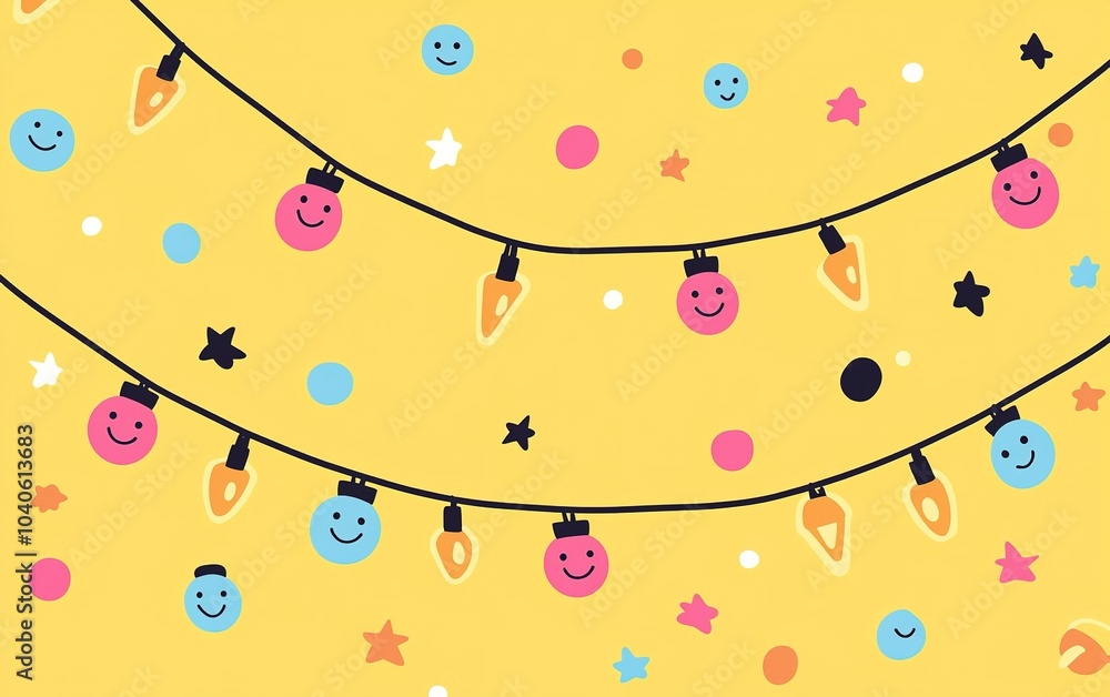 Poster colorful string lights with smiling faces and playful shapes against a cheerful yellow background