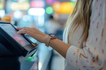 A person using a touchscreen kiosk for ordering food in a vibrant urban caf? setting