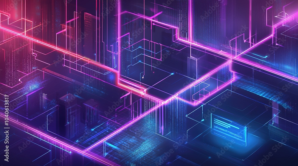 Aufkleber neon digital landscape with glowing lines and data streams in a futuristic technology setting at nig
