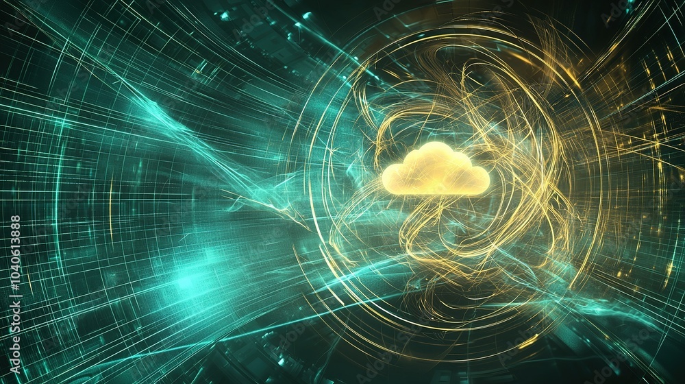 Poster dynamic swirling energy with a cloud formation in a digital environment showcasing futuristic techno