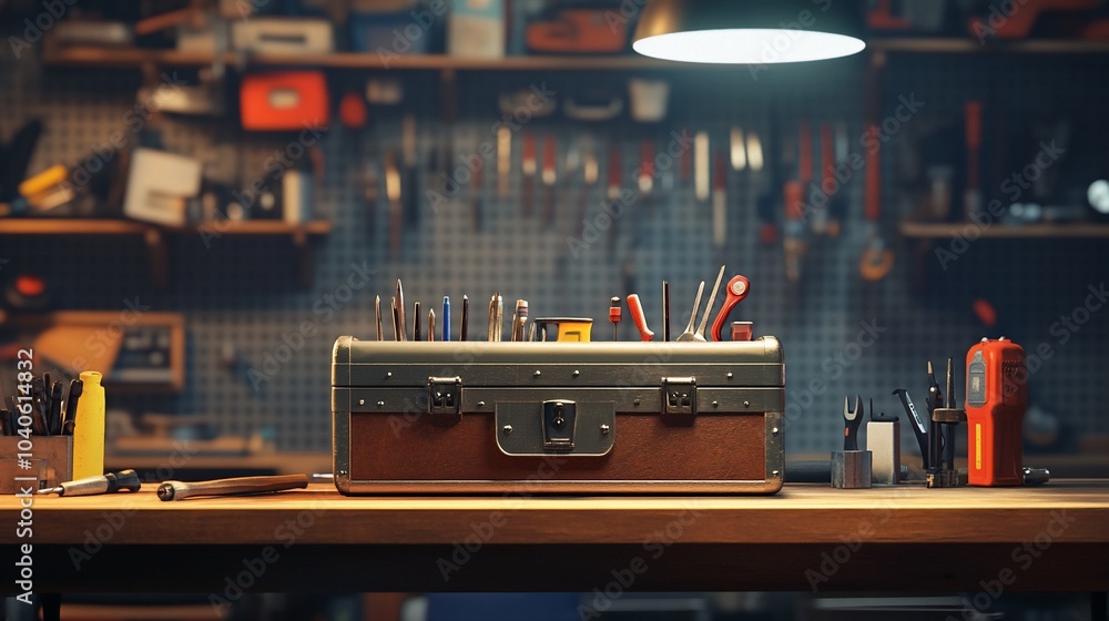 Poster a toolbox full of tools on a workbench in a workshop with a pegboard wall.