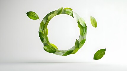 93. A letter O designed with floating leaves, creating a serene look on a white background