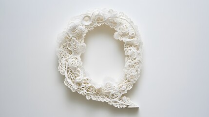 95. A letter Q crafted from intricate lace, delicately arranged on a white background