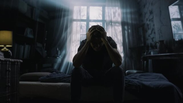 Person Sitting On Bed Experiencing Morning Depression Mental Health Awareness Emotional Distress