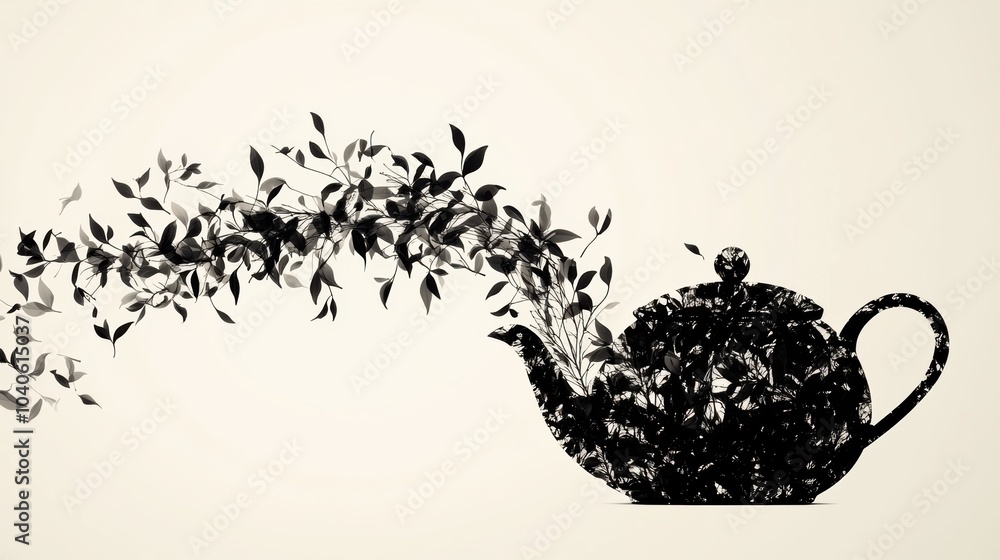 Poster a teapot silhouette gracefully transforms into flowing tea leaves, merging elements of nature with a