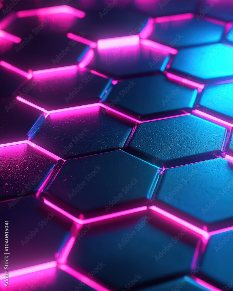 Wall mural overlapping hexagonal shapes with bold neon lighting and shadows