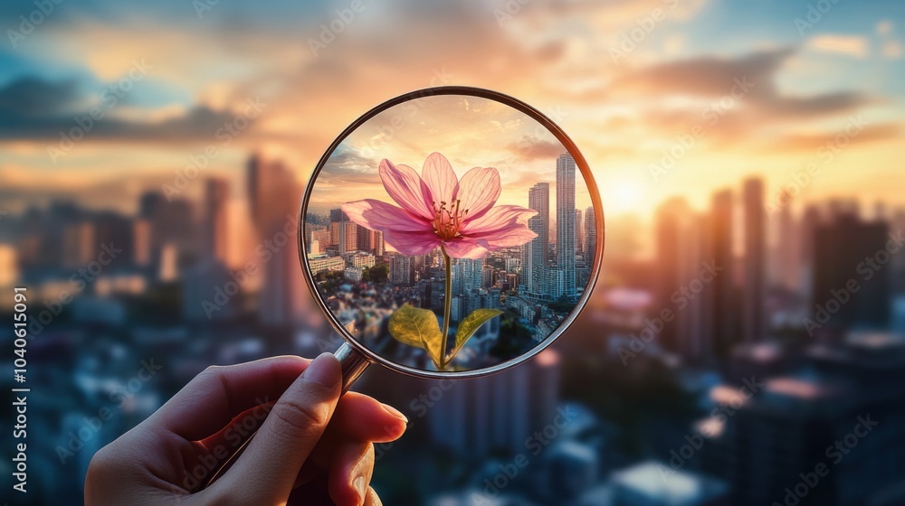 Poster a reflective visual of a person holding a magnifying glass over a blooming flower that gradually tra