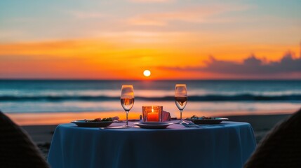 A romantic candlelit dinner on a secluded beach with a view of the sunset, symbolizing love and intimacy in a picturesque setting, Dinner scene